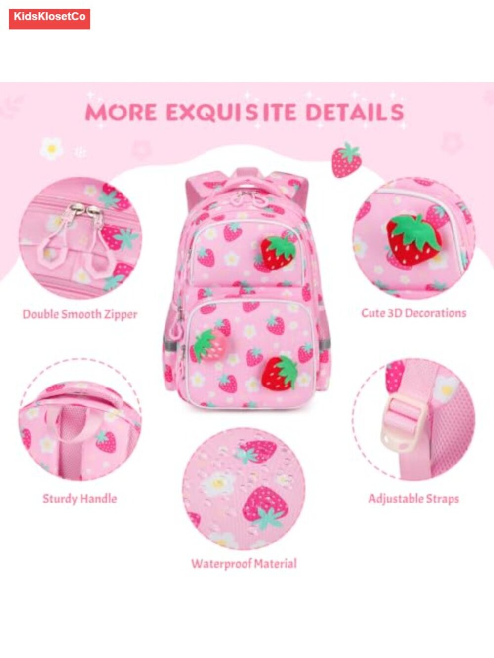 3D Plush Strawberry Backpack Set with Lunch Box & Pencil Case for Girls School - Picture 4 of 5
